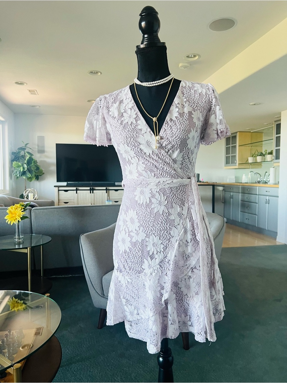 Lace Wrap Mini Dress in Soft Lavender